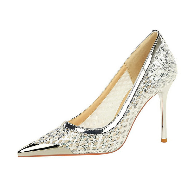 Luxury high heels Sequin mesh Women Pumps Metal pointed tip Women heels 9.5 CM Stiletto Fashion banquet shoes Sexy party shoes