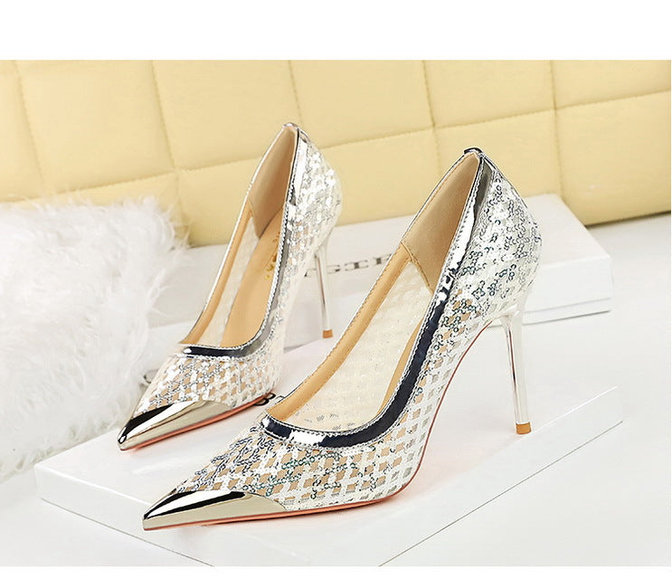 Luxury high heels Sequin mesh Women Pumps Metal pointed tip Women heels 9.5 CM Stiletto Fashion banquet shoes Sexy party shoes