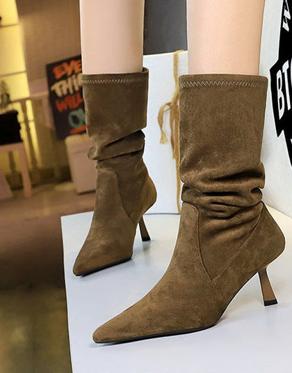 Women Pleated Elastic boots Woman Stiletto 6.5 CM High heel boots Suede Ankle boots Fashion Pointed short boots