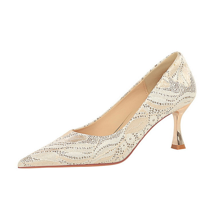 Shoes Lace glitter fabric women pumps Design Kitten heels Women shoes Female Occupation Office Shoes