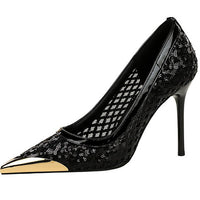 Luxury high heels Sequin mesh Women Pumps Metal pointed tip Women heels 9.5 CM Stiletto Fashion banquet shoes Sexy party shoes