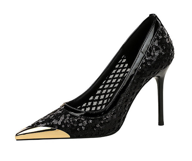 Luxury high heels Sequin mesh Women Pumps Metal pointed tip Women heels 9.5 CM Stiletto Fashion banquet shoes Sexy party shoes