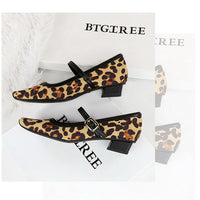 Heels Women Vintage Mary Jane shoes Metal leopard print square head Women Pumps Low heel high heels Suede