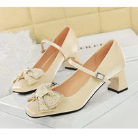 Rhinestone bow Women Pumps Coarse heel Women shoes middle heel Luxury banquet shoes satin square head Ladies shoes