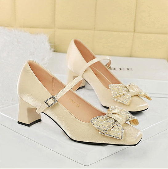 Rhinestone bow Women Pumps Coarse heel Women shoes middle heel Luxury banquet shoes satin square head Ladies shoes