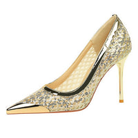 Luxury high heels Sequin mesh Women Pumps Metal pointed tip Women heels 9.5 CM Stiletto Fashion banquet shoes Sexy party shoes