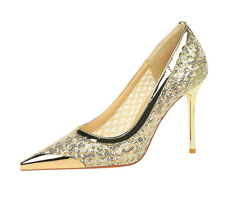 Luxury high heels Sequin mesh Women Pumps Metal pointed tip Women heels 9.5 CM Stiletto Fashion banquet shoes Sexy party shoes