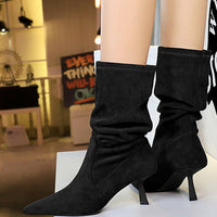 Women Pleated Elastic boots Woman Stiletto 6.5 CM High heel boots Suede Ankle boots Fashion Pointed short boots
