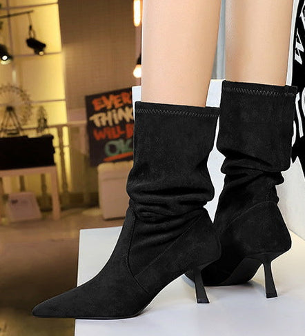Women Pleated Elastic boots Woman Stiletto 6.5 CM High heel boots Suede Ankle boots Fashion Pointed short boots