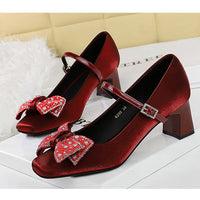 Rhinestone bow Women Pumps Coarse heel Women shoes middle heel Luxury banquet shoes satin square head Ladies shoes