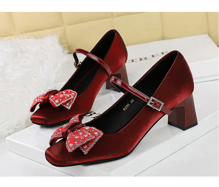 Rhinestone bow Women Pumps Coarse heel Women shoes middle heel Luxury banquet shoes satin square head Ladies shoes