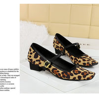Heels Women Vintage Mary Jane shoes Metal leopard print square head Women Pumps Low heel high heels Suede