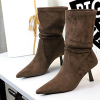 Women Pleated Elastic boots Woman Stiletto 6.5 CM High heel boots Suede Ankle boots Fashion Pointed short boots