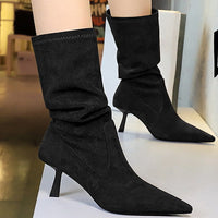 Women Pleated Elastic boots Woman Stiletto 6.5 CM High heel boots Suede Ankle boots Fashion Pointed short boots