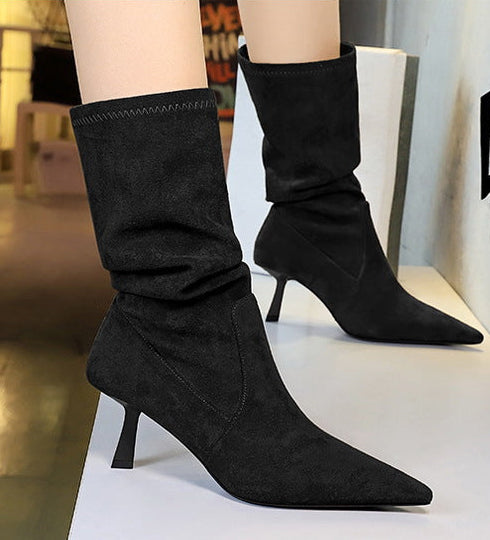 Women Pleated Elastic boots Woman Stiletto 6.5 CM High heel boots Suede Ankle boots Fashion Pointed short boots