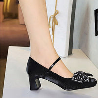 Rhinestone bow Women Pumps Coarse heel Women shoes middle heel Luxury banquet shoes satin square head Ladies shoes