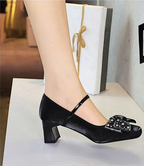Rhinestone bow Women Pumps Coarse heel Women shoes middle heel Luxury banquet shoes satin square head Ladies shoes