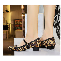 Heels Women Vintage Mary Jane shoes Metal leopard print square head Women Pumps Low heel high heels Suede