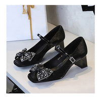 Rhinestone bow Women Pumps Coarse heel Women shoes middle heel Luxury banquet shoes satin square head Ladies shoes