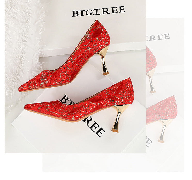 Shoes Lace glitter fabric women pumps Design Kitten heels Women shoes Female Occupation Office Shoes