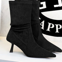 Women Pleated Elastic boots Woman Stiletto 6.5 CM High heel boots Suede Ankle boots Fashion Pointed short boots