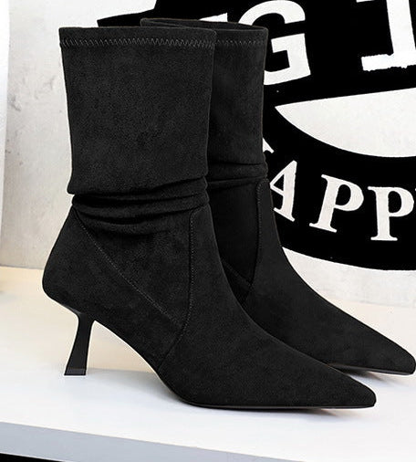 Women Pleated Elastic boots Woman Stiletto 6.5 CM High heel boots Suede Ankle boots Fashion Pointed short boots