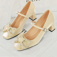 Rhinestone bow Women Pumps Coarse heel Women shoes middle heel Luxury banquet shoes satin square head Ladies shoes
