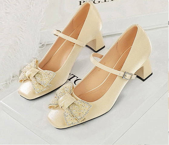 Rhinestone bow Women Pumps Coarse heel Women shoes middle heel Luxury banquet shoes satin square head Ladies shoes