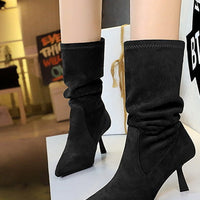Women Pleated Elastic boots Woman Stiletto 6.5 CM High heel boots Suede Ankle boots Fashion Pointed short boots