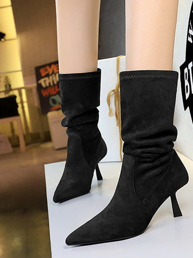 Women Pleated Elastic boots Woman Stiletto 6.5 CM High heel boots Suede Ankle boots Fashion Pointed short boots