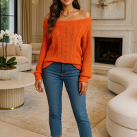 Casual Fashion Solid Color Hollow Out Sweater Off Shoulder Lantern Sleeve Knitted Pullover Women Clothes