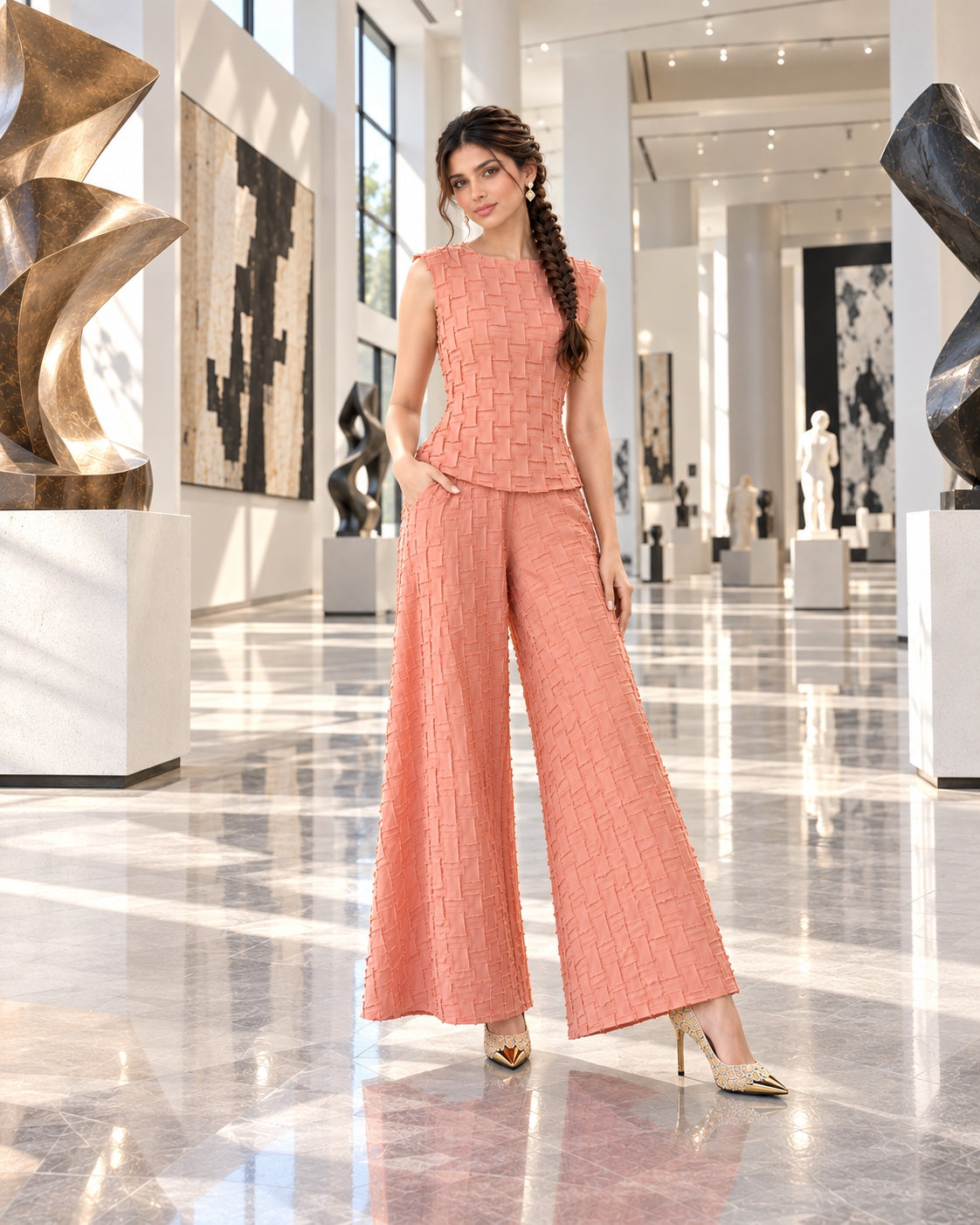 Handmade Pleated Set Women Summer New Sleeveless Vest Top Flared Pants Comfortable Casual Loose Large Size with Stretchy Natalia Home Fashion    Natalia Home Fashion