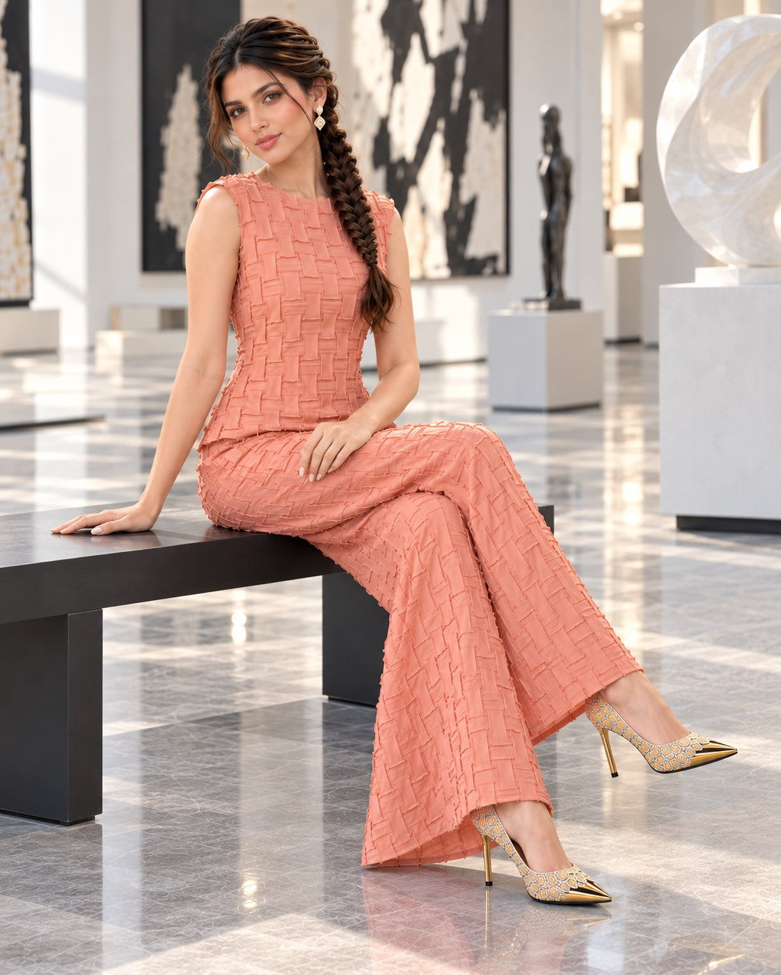 Handmade Pleated Set Women Summer New Sleeveless Vest Top Flared Pants Comfortable Casual Loose Large Size with Stretchy Natalia Home Fashion    Natalia Home Fashion
