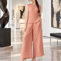 Handmade Pleated Set Women Summer New Sleeveless Vest Top Flared Pants Comfortable Casual Loose Large Size with Stretchy Natalia Home Fashion    Natalia Home Fashion
