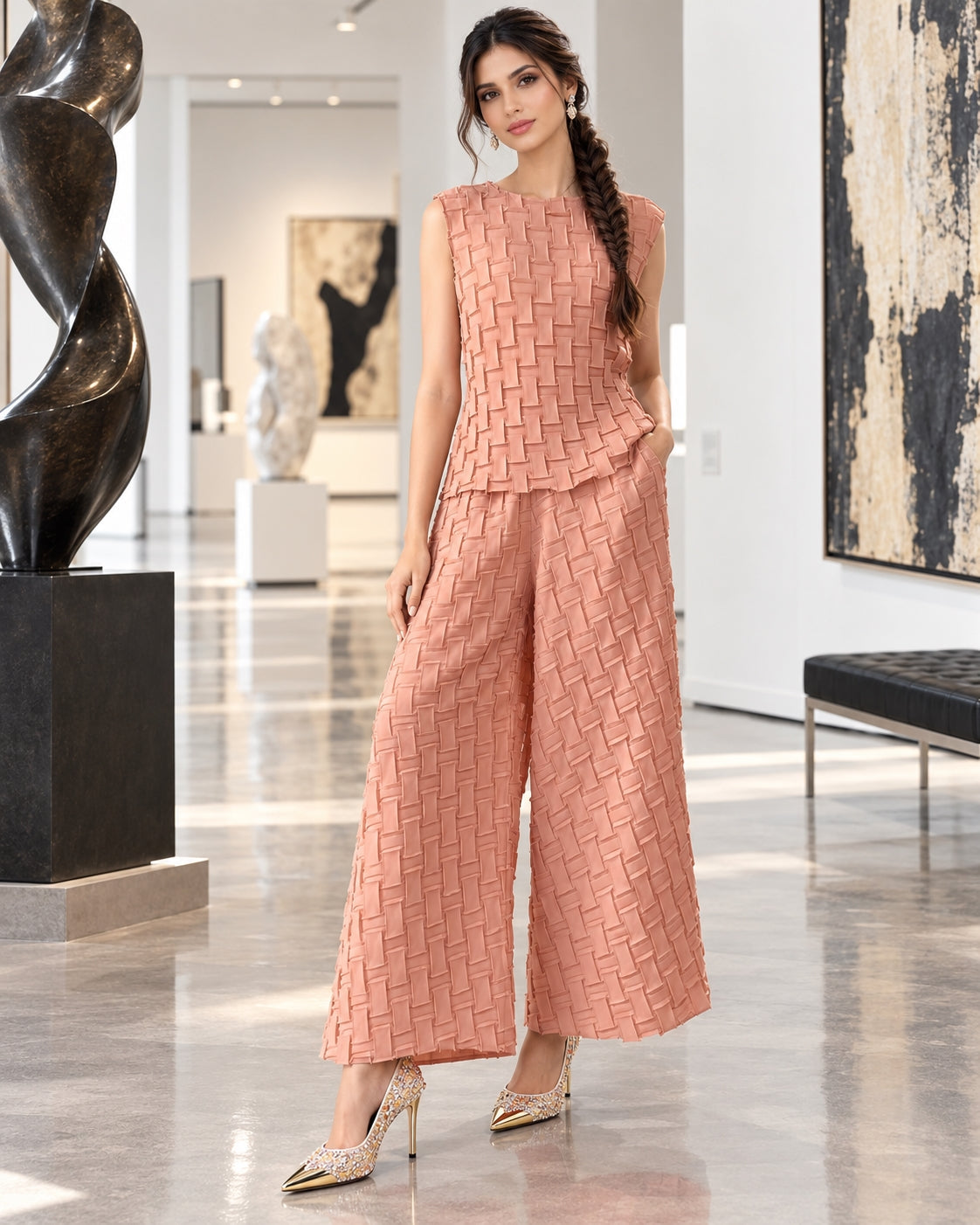 Handmade Pleated Set Women Summer New Sleeveless Vest Top Flared Pants Comfortable Casual Loose Large Size with Stretchy Natalia Home Fashion    Natalia Home Fashion