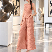 Handmade Pleated Set Women Summer New Sleeveless Vest Top Flared Pants Comfortable Casual Loose Large Size with Stretchy Natalia Home Fashion    Natalia Home Fashion