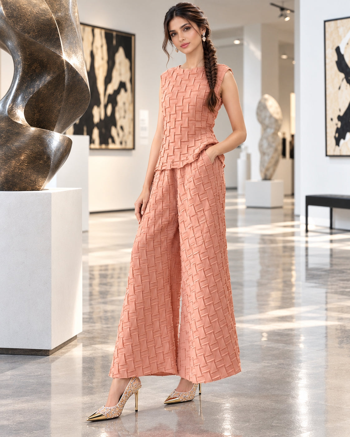 Handmade Pleated Set Women Summer New Sleeveless Vest Top Flared Pants Comfortable Casual Loose Large Size with Stretchy Natalia Home Fashion    Natalia Home Fashion