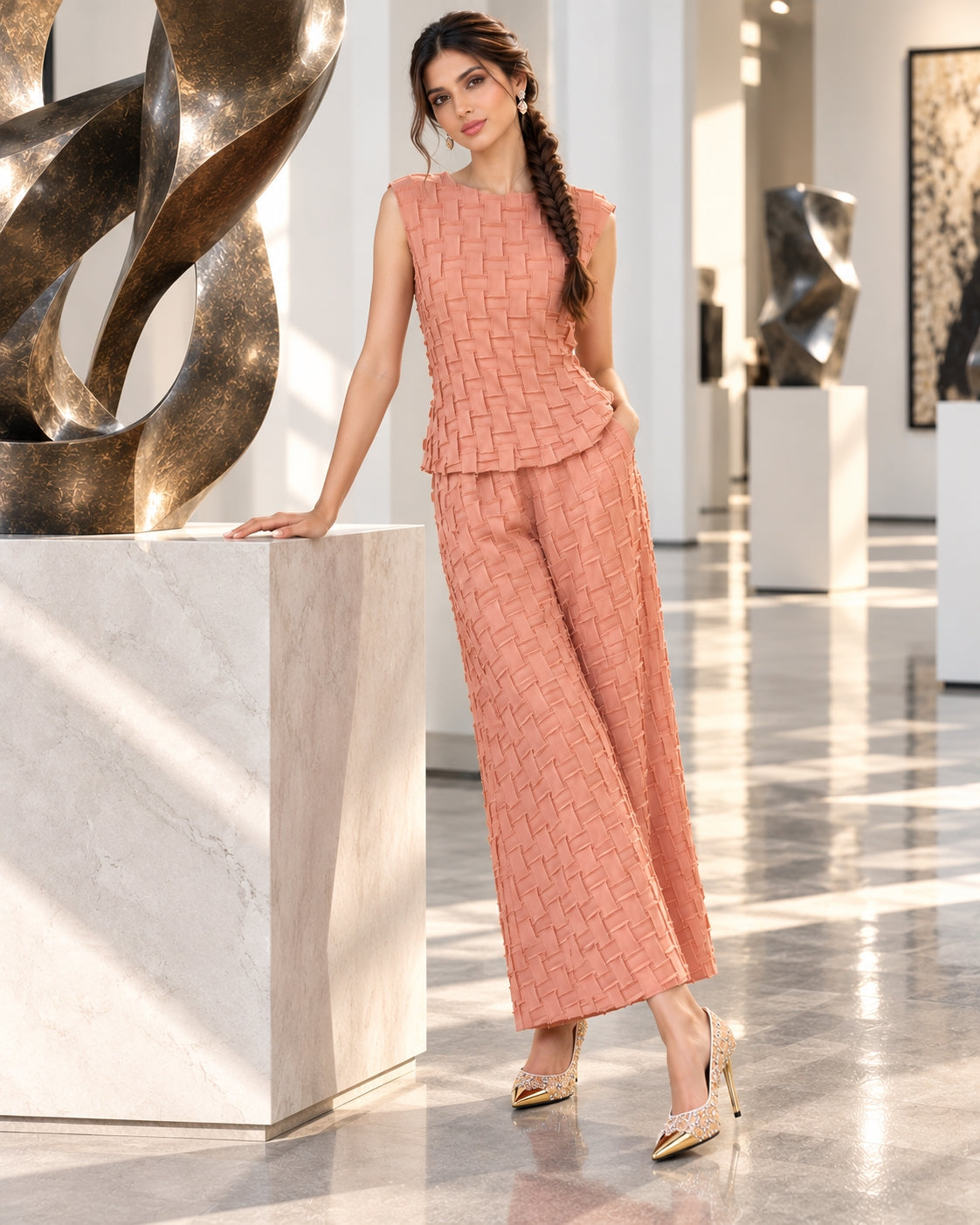 Handmade Pleated Set Women Summer New Sleeveless Vest Top Flared Pants Comfortable Casual Loose Large Size with Stretchy Natalia Home Fashion    Natalia Home Fashion