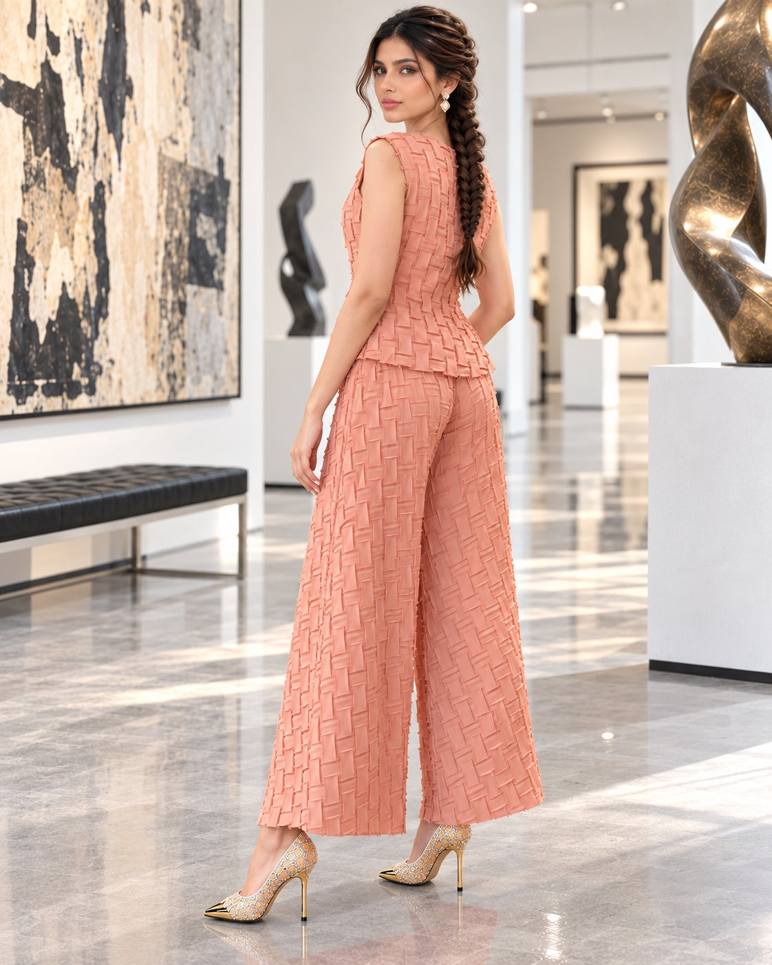 Handmade Pleated Set Women Summer New Sleeveless Vest Top Flared Pants Comfortable Casual Loose Large Size with Stretchy Natalia Home Fashion    Natalia Home Fashion