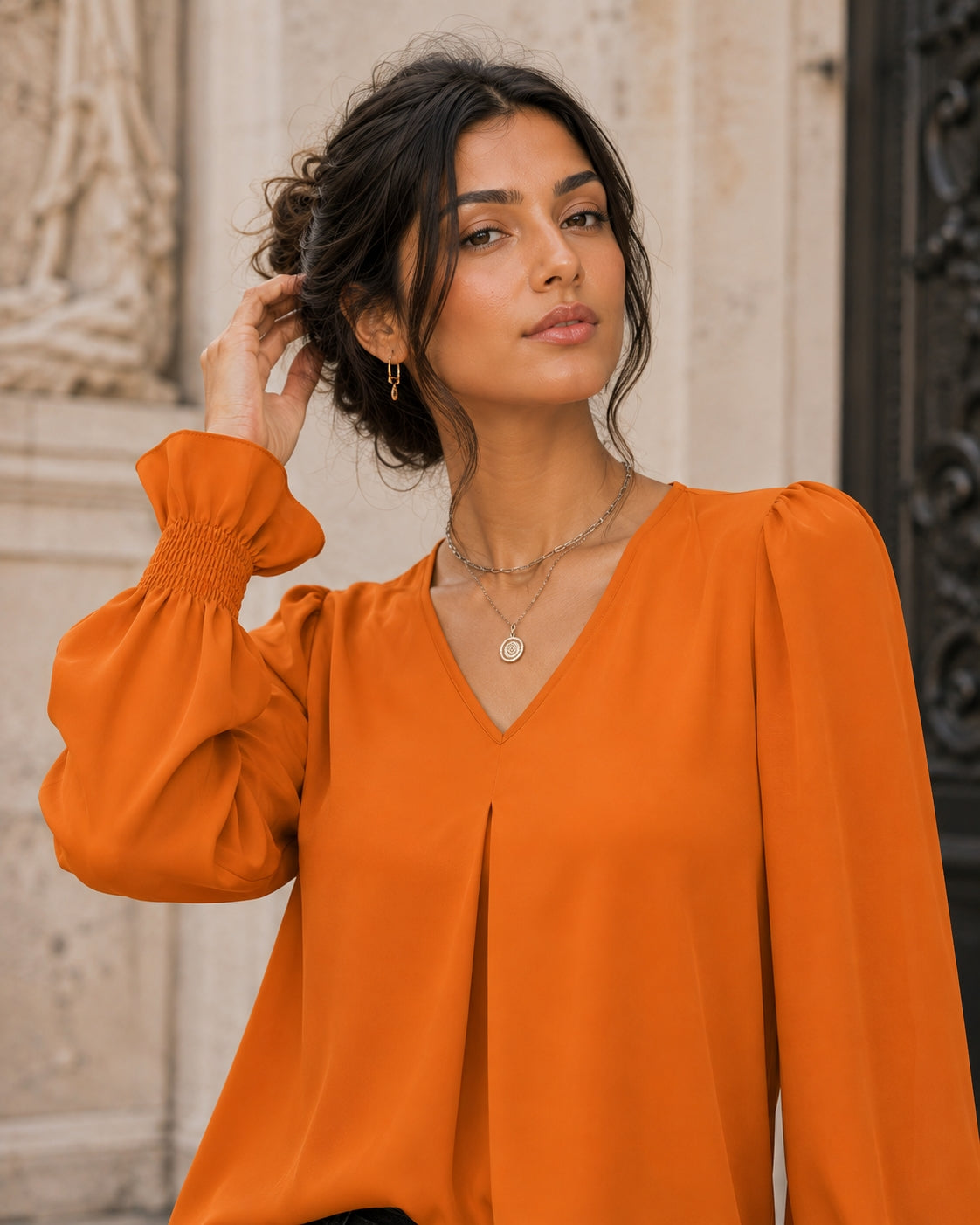 Fashion Simple Solid Color Pullover Shirt Women Loose V-neck Flared Sleeve Shirts Top Female Elegant Commuting Clothing
