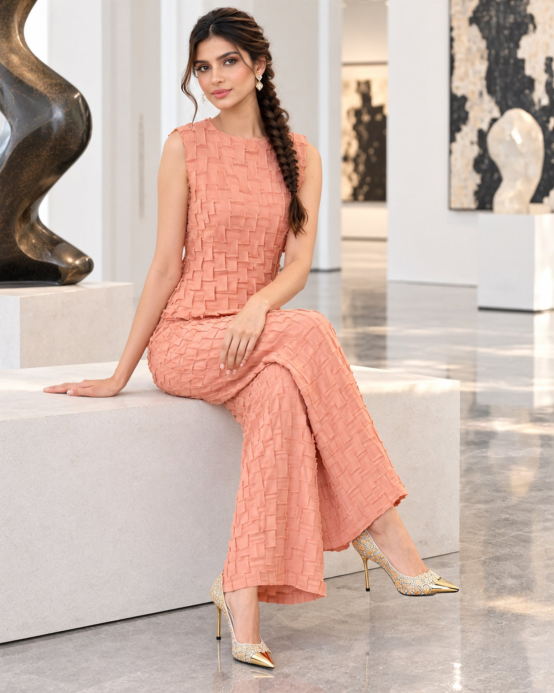 Handmade Pleated Set Women Summer New Sleeveless Vest Top Flared Pants Comfortable Casual Loose Large Size with Stretchy Natalia Home Fashion    Natalia Home Fashion