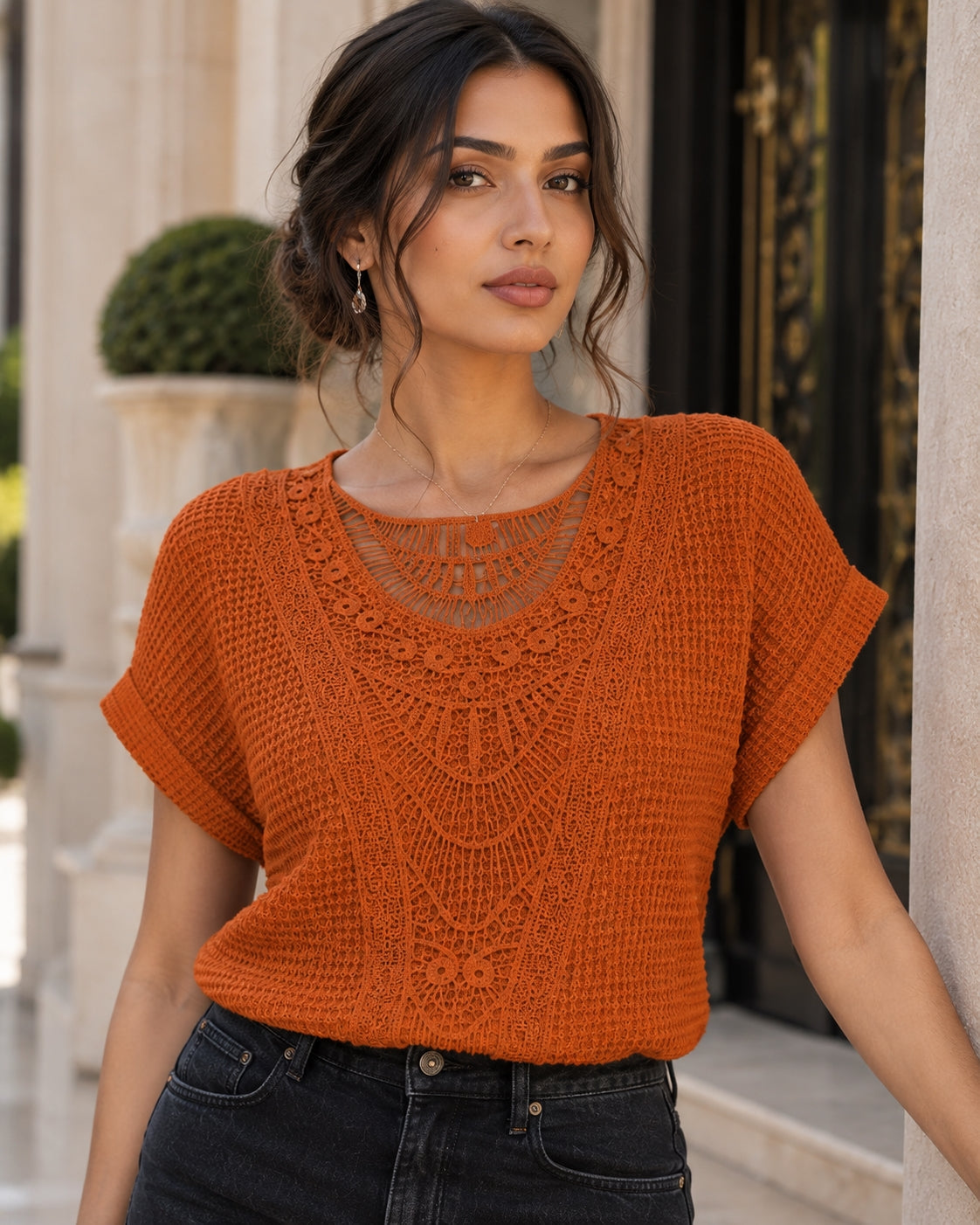 T shirt women fashion lace patchwork short-sleeved T-shirt solid color women's clothing Natalia Home Fashion    Natalia Home Fashion