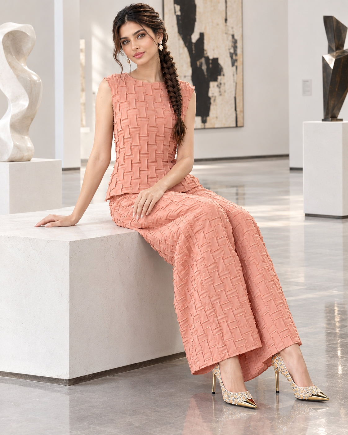 Handmade Pleated Set Women Summer New Sleeveless Vest Top Flared Pants Comfortable Casual Loose Large Size with Stretchy Natalia Home Fashion    Natalia Home Fashion