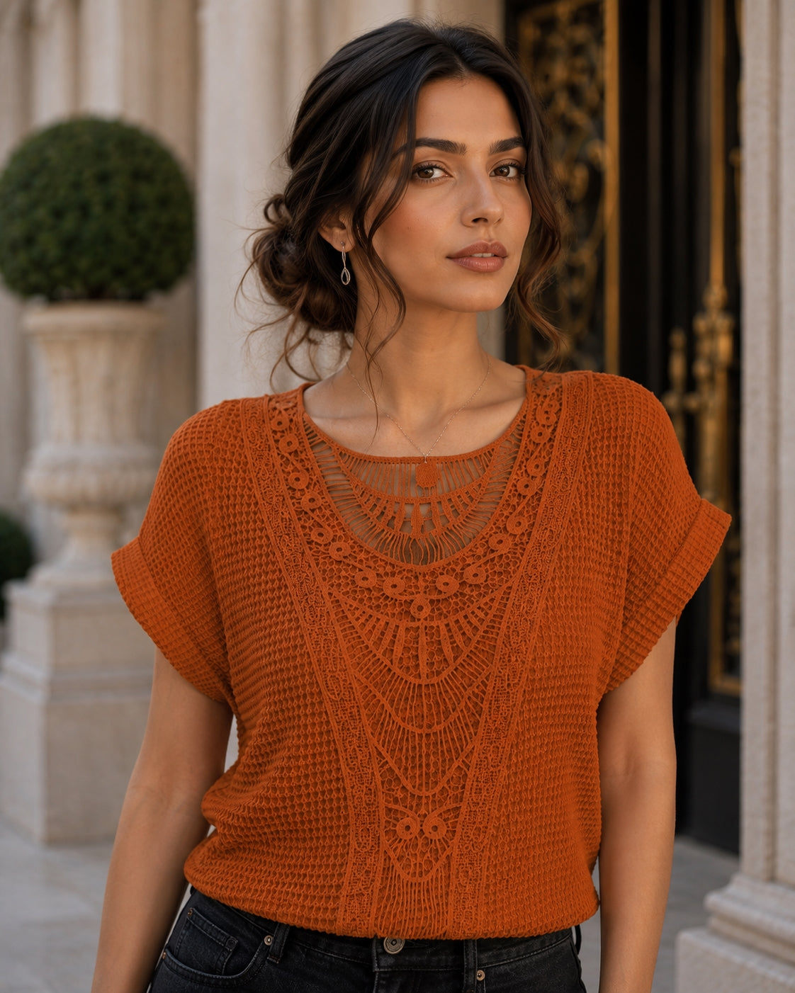 T shirt women fashion lace patchwork short-sleeved T-shirt solid color women's clothing Natalia Home Fashion    Natalia Home Fashion