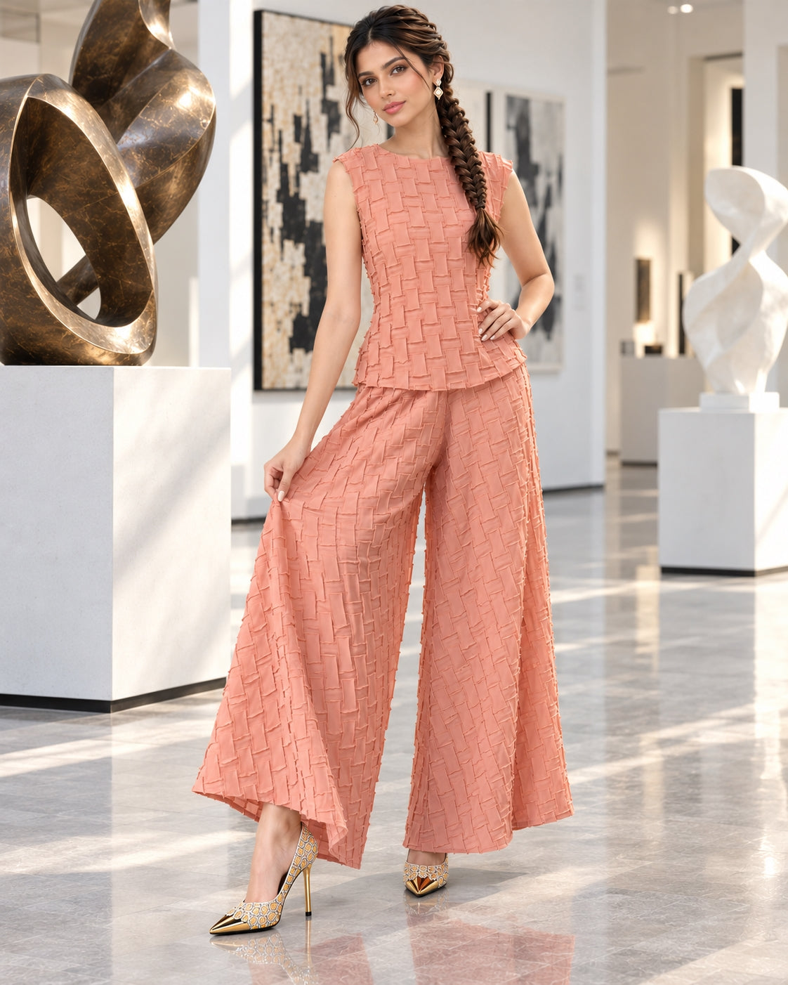 Handmade Pleated Set Women Summer New Sleeveless Vest Top Flared Pants Comfortable Casual Loose Large Size with Stretchy Natalia Home Fashion    Natalia Home Fashion