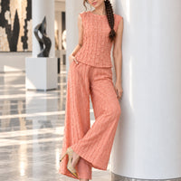 Handmade Pleated Set Women Summer New Sleeveless Vest Top Flared Pants Comfortable Casual Loose Large Size with Stretchy Natalia Home Fashion    Natalia Home Fashion
