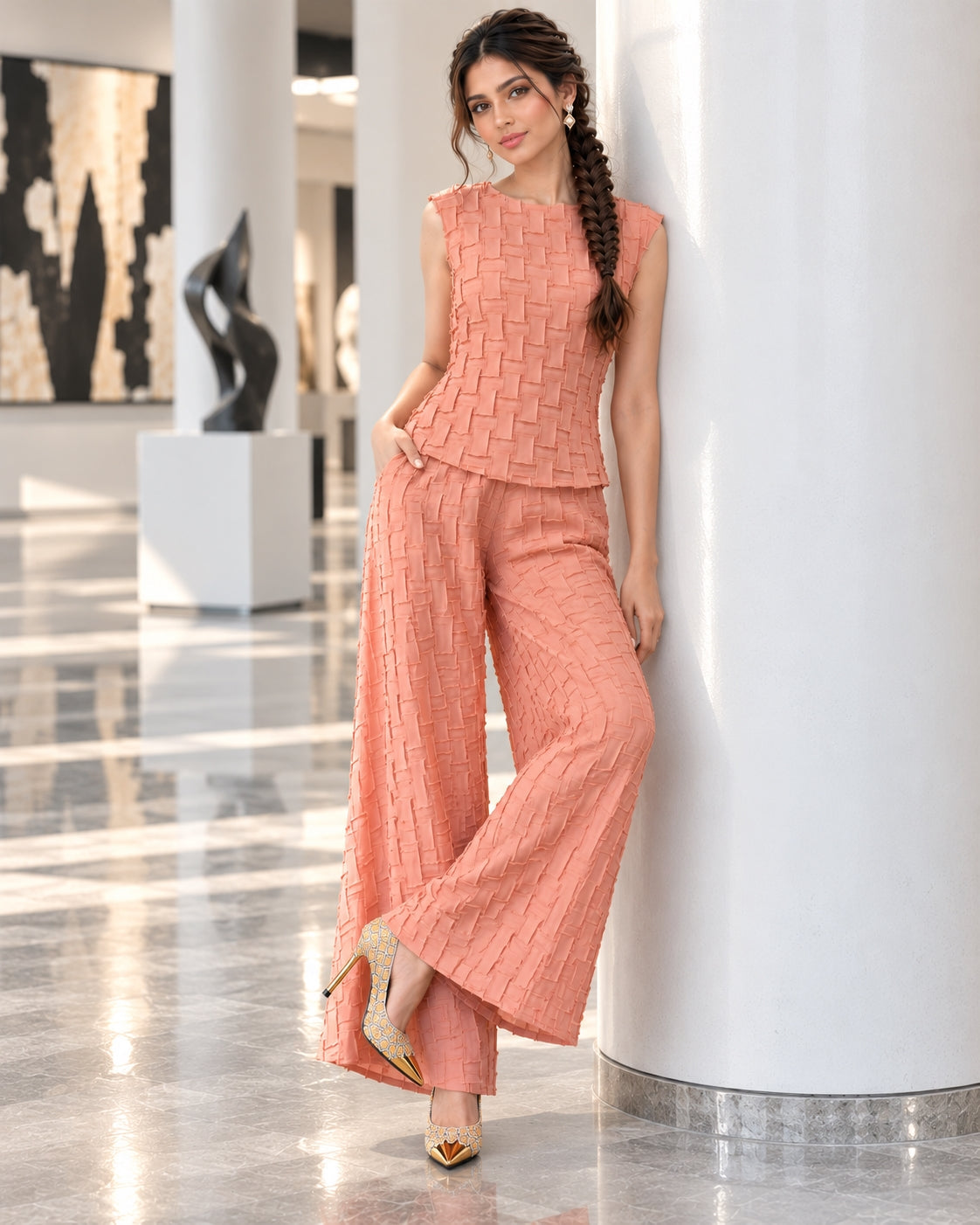 Handmade Pleated Set Women Summer New Sleeveless Vest Top Flared Pants Comfortable Casual Loose Large Size with Stretchy Natalia Home Fashion    Natalia Home Fashion