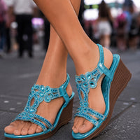 Bohemian Style Thick Heel Sandals Summer Fashion Beach Diamond Women's Shoes round Head Roman Style PU Leather Roman Sandals