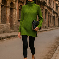 Turtlenecks Women Pullovers Mid-Long Casual Knit Sweater Fad Raglan Sleeves Side Slit Sweater New Skirt-style Jumper