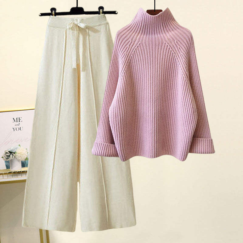 Women Chic Casual Half High Collar Sweater Wide Leg Pants Sets Lady Loose Knit Pullover Trousers Outfits Knitwear Natalia Home Fashion    Natalia Home Fashion